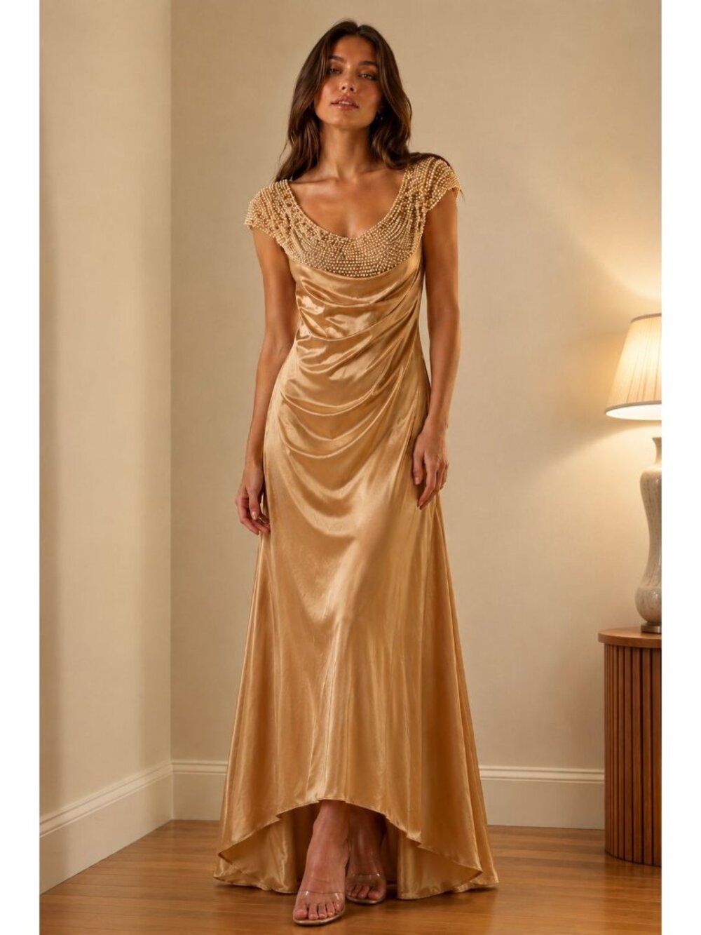 NWT $850 Badgley Mischka Pearl Hi/Low Full Length Gown Gold Size 2